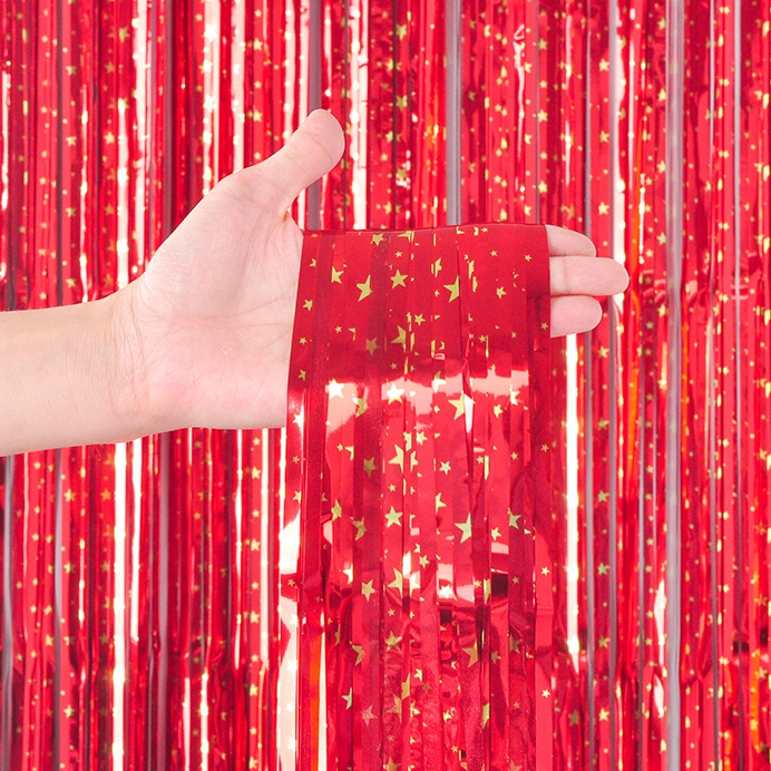 파티장식 은박수술커튼 스타프린트레드