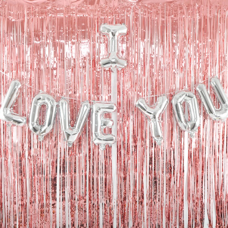 은박풍선사랑실버 + 커튼로즈골드세트 / 파티 장식 호일풍선 수술커튼 생일파티 기념일